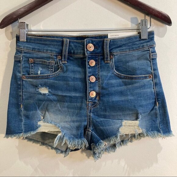 AMERICAN EAGLE Sz 2 High Rise Shortie Distressed Super Stretch Button Fly Shorts - Picture 1 of 13